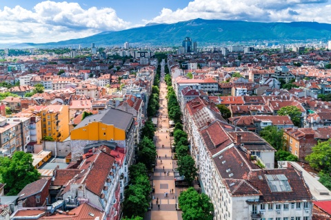 Aerial drone shot of Sofia City Bulgaria Vitosha