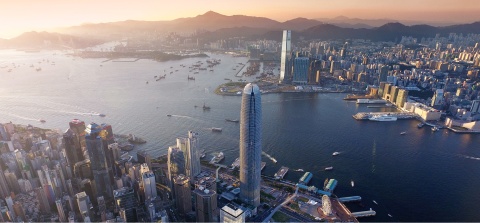 Skyline in city surrounded by water