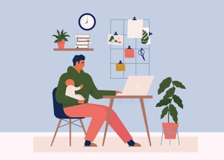 Graphic of father working at home with young child
