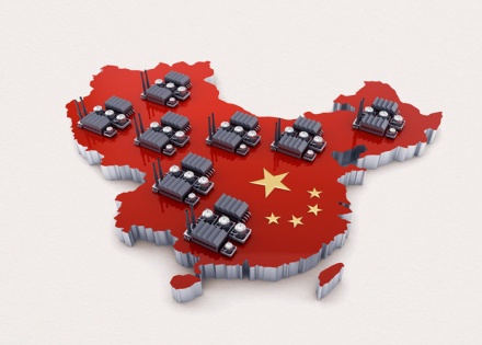 Graphic of factories in China on an embossed cutout of the country