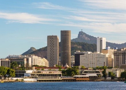 City skyline of Rio de Janeiro, Brazil with Christ the Redeemer statue in the background