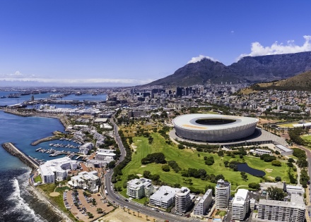 Aerial view of Cape Town’s harbor and DHL Stadium in South Africa