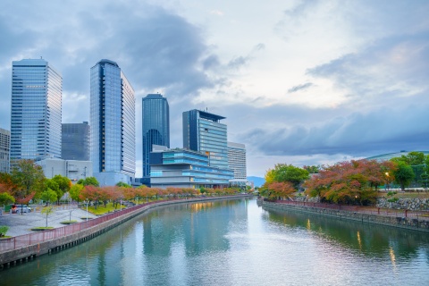 View from the river of Osaka's business district skyscrapers