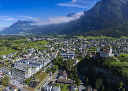 Aerial view of Triesenberg and the Alps in Liechstenstein