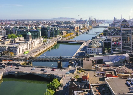 Aerial view of the Liffey River and Custom House in Dublin Ireland