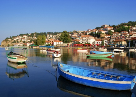  Ohrid North Macedonia harbor seen from the sea with boats