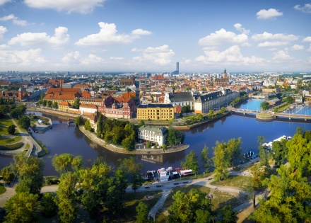 Aerial view of Wroclaw Poland’s Oder riverfront in the evening