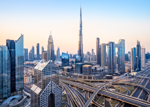 View of the Burj Khalifa hotel in Dubai, United Arab Emirates at dusk