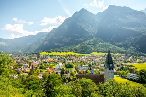 Balzers village nestled in the Alps in Liechtenstein