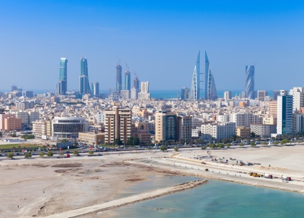 Aerial view of Manama’s skyline in Bahrain from the sea