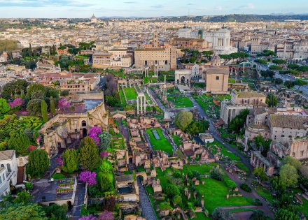 Aerial view of the Roman Forum and Palatine Hill in Rome Italy