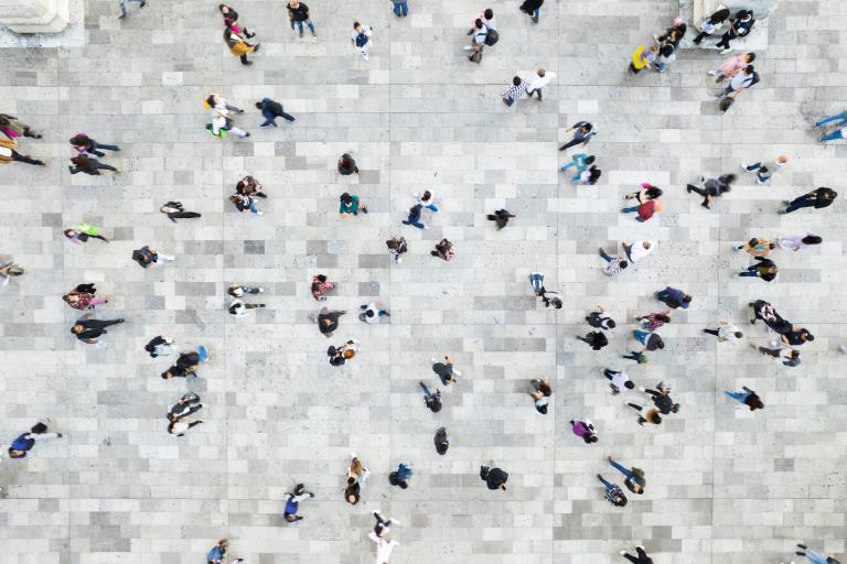Aerial shot of people walking outside