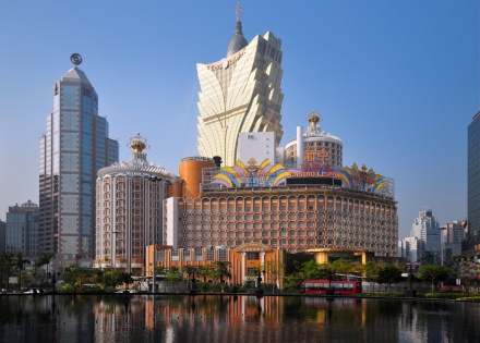 Grand Lisboa Casino in Macau from across Nam Van Lake