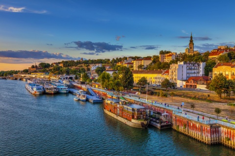 Aerial view of Belgrade and its harbor at sunset