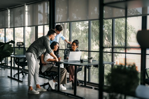 Team collaborating in office, demonstrating workplace culture in Mexico