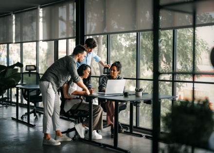 Team collaborating in office, demonstrating workplace culture in Mexico