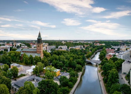 Aerial view of Turku Finland and its cathedral and the Aura River