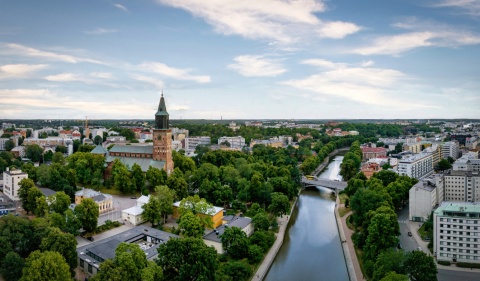 Aerial view of Turku Finland and its cathedral and the Aura River
