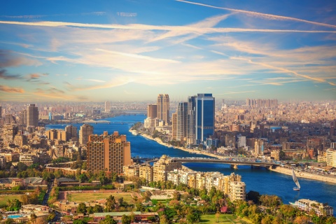Aerial view of Cairo Egypt’s Nile riverfront at golden hour