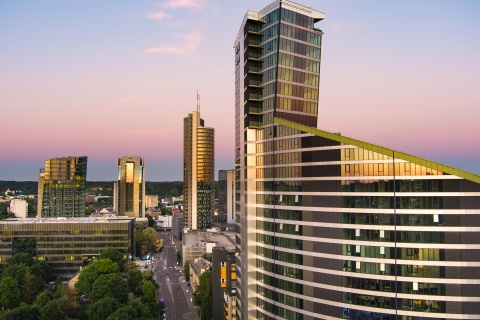View of Vilnius Lithuania's business district at sunset