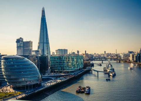 Aerial view of the River Thames and Shard Skyscraper in Southwark, London, England